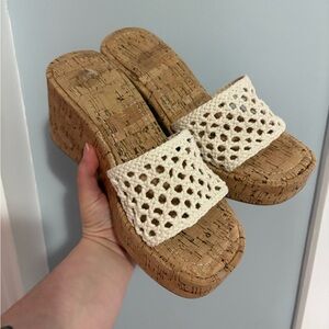 Madden Girl Cream Crochet Slide Cork Platform Sandals